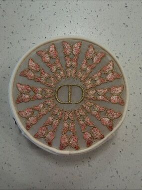 Dior Round Butterfly Embroidered Cream and Pink Travel Pouch